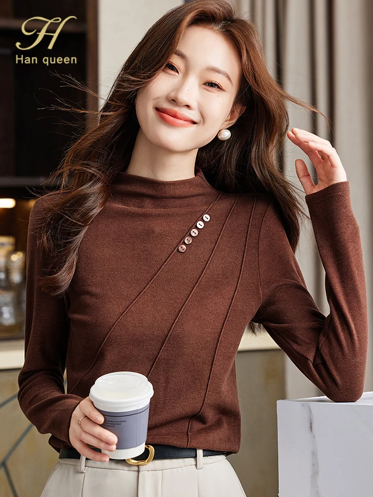 H Han Queen 2024 Autumn Winter Fashion Button Simple Basic Tees Simple Office T-Shirts Tops Casual Korean OL Loose Tops Women