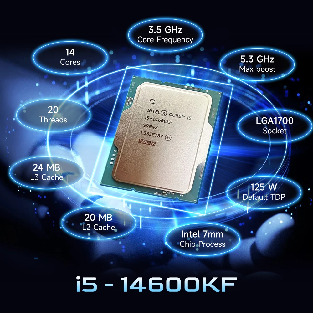 Intel Core i5 14600KF 14-Core 20-Thread(6-P-core 8-E-core) 3.5 جيجا هرتز LGA 1700 125 وات بدون مروحة