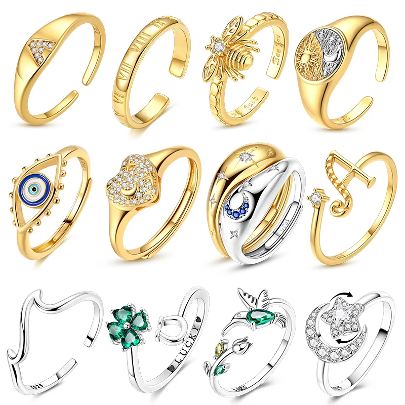 Original 925 Silberring mit funkelndem Bienenaugen-Sonnen-Mond-Stern-Motiv, offene Ringe für Frauen und Mädchen, Schmuck, Geburtstag, Jahrestag, Verlobungsgeschenke