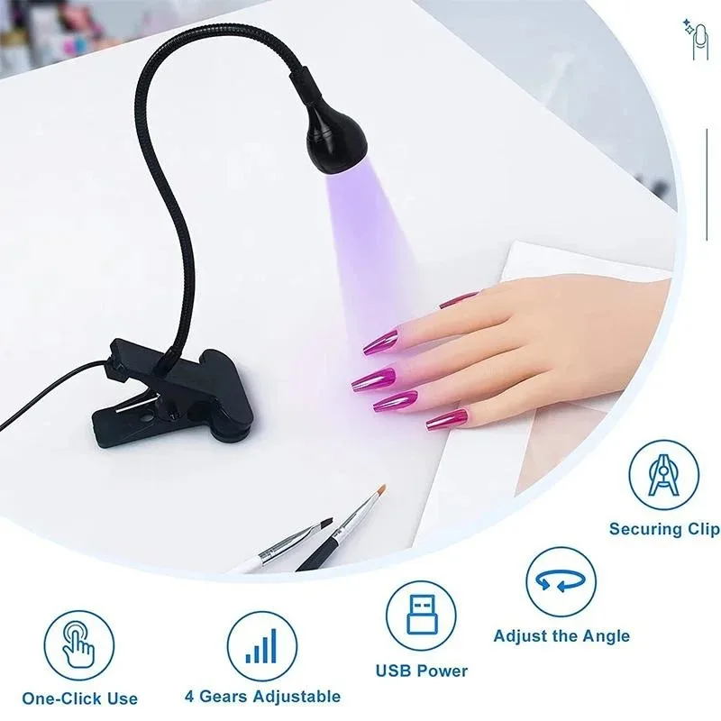 Flexível Clip-On Mesa Luzes LED Prego, Lâmpada UV, Mini USB Gel Cura, Manicure, Pedicure, Ferramentas de salão, 1 Pc