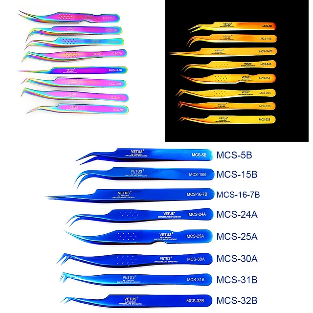 1szt Vetus MCS Series Blue/Gold/Colorful Russian Volume Bloom Pęseta do przedłużania rzęs Nierdzewna precyzyjna pęseta do rzęs Narzędzia
