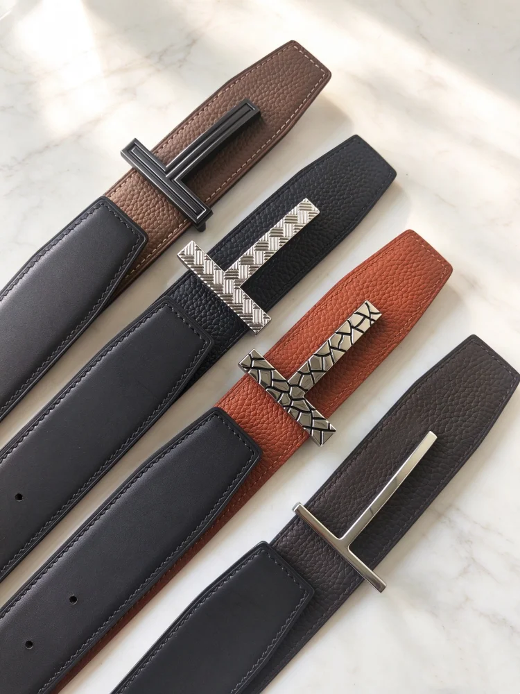 2026 Luxury Designer Brand T Buckle Belt Double reversible Men High Quality Genuine Real Leather Strap Jeans Waistband Business