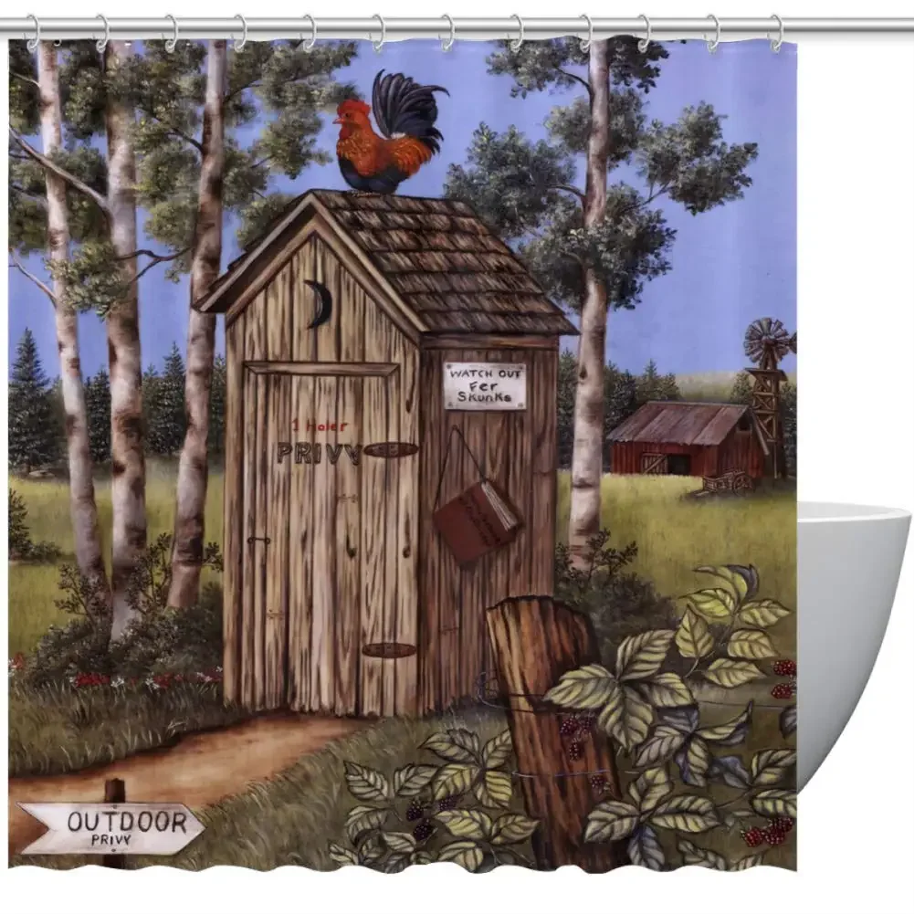 Wooden Outhouse Rooster Shower Curtains for Bathroom,Outside Animal Country Farmhouse Landscape Waterproof Bathroom Curtain