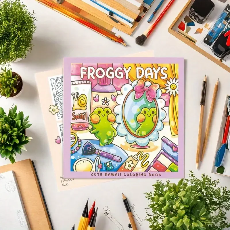 

1pc Cute Kawaii Froggy Days Coloring Book - Vibrant Cartoon Frog Design with Flowers, Butterflies, and Accessories, Perfect for
