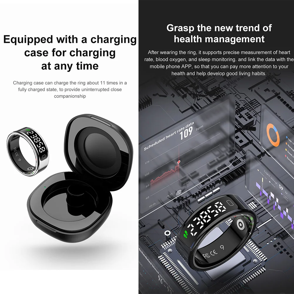 R11C Smart Display Screen Smart Ring 1ATM Waterproof Stainless Steel Intelligent Touch Heart Rate Blood Oxygen Stress Monitor