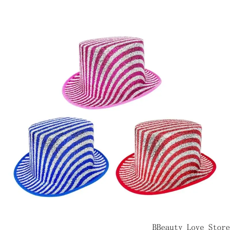 Stripe Top Hat Magicians Party Costume Glitters Fabric Adult Cosplay Hat