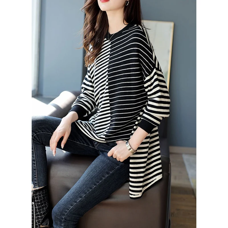 Autumn Winter Striped Patchwork Irregular T-shirt Ladies Long Sleeve Loose Casual Streetwear All-match Pullover Top Women Tees