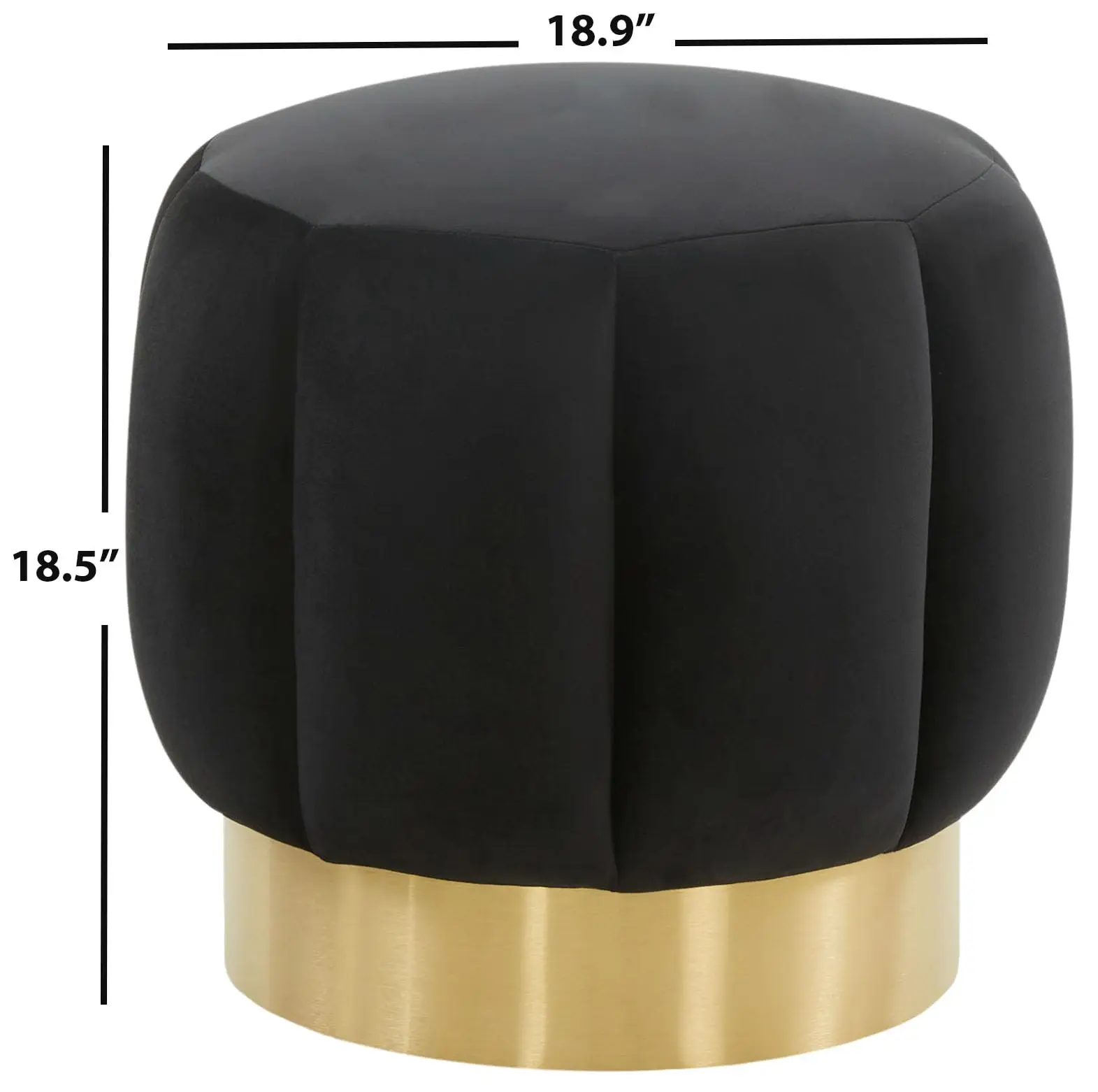 Couture Collection Maxine Glam Black Velvet/Gold Channel Tufted Upholstered Round Ottoman for Living Room Bedroom