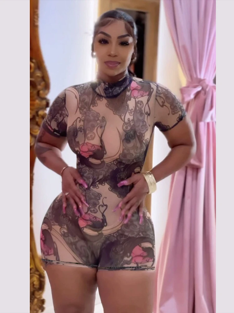 

Y2K Stunning Print Women Playsuits Fashion Mesh Thin Sheer Short Sleeve O-neck Backless Slim Rompers Female Nightout Wear