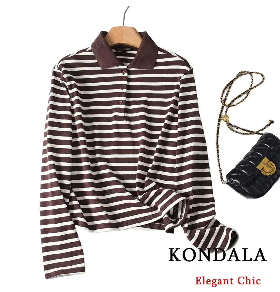 

KONDALA Elegant Lady Brown Stripes Polo Shirts Lapel Long-sleeved Shirt 2025 Spring Fall Fashion High Street Commute Women Shirt