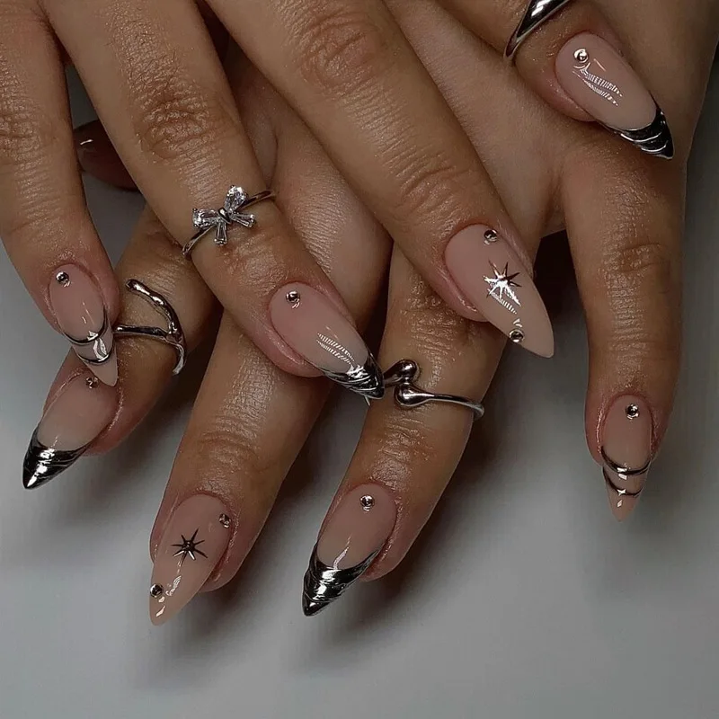 

24Pcs Silver French Starburst Fake Nails Press on Mid-length Almond False Nails with Rhinestone Detachable Full Cover Nails Tips