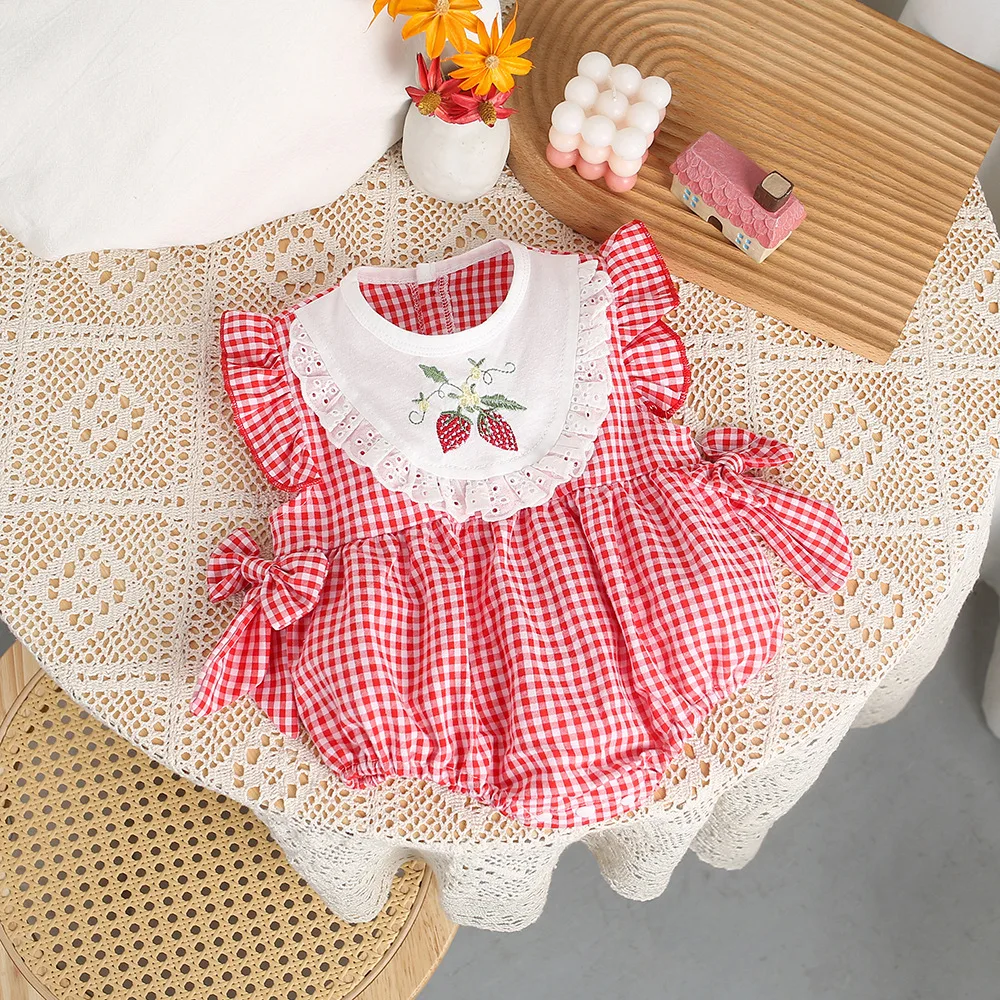 Summer Newborn Girls Strawberry Print Bodysuit Thin Breathable Triangle Onesie Cute Sleeveless Onesie for Toddler