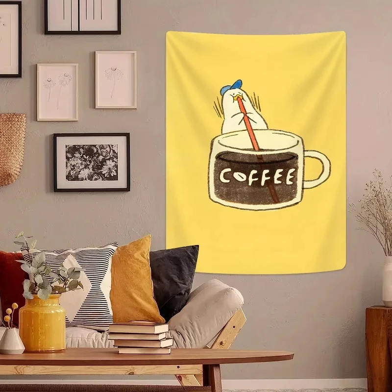 VIKAMA Funny Duck Coffee Tapestry Wall Art for Bedroom, Living Room, Dorm, Minimalist Yellow & Cute Animal Room Decor view 2
