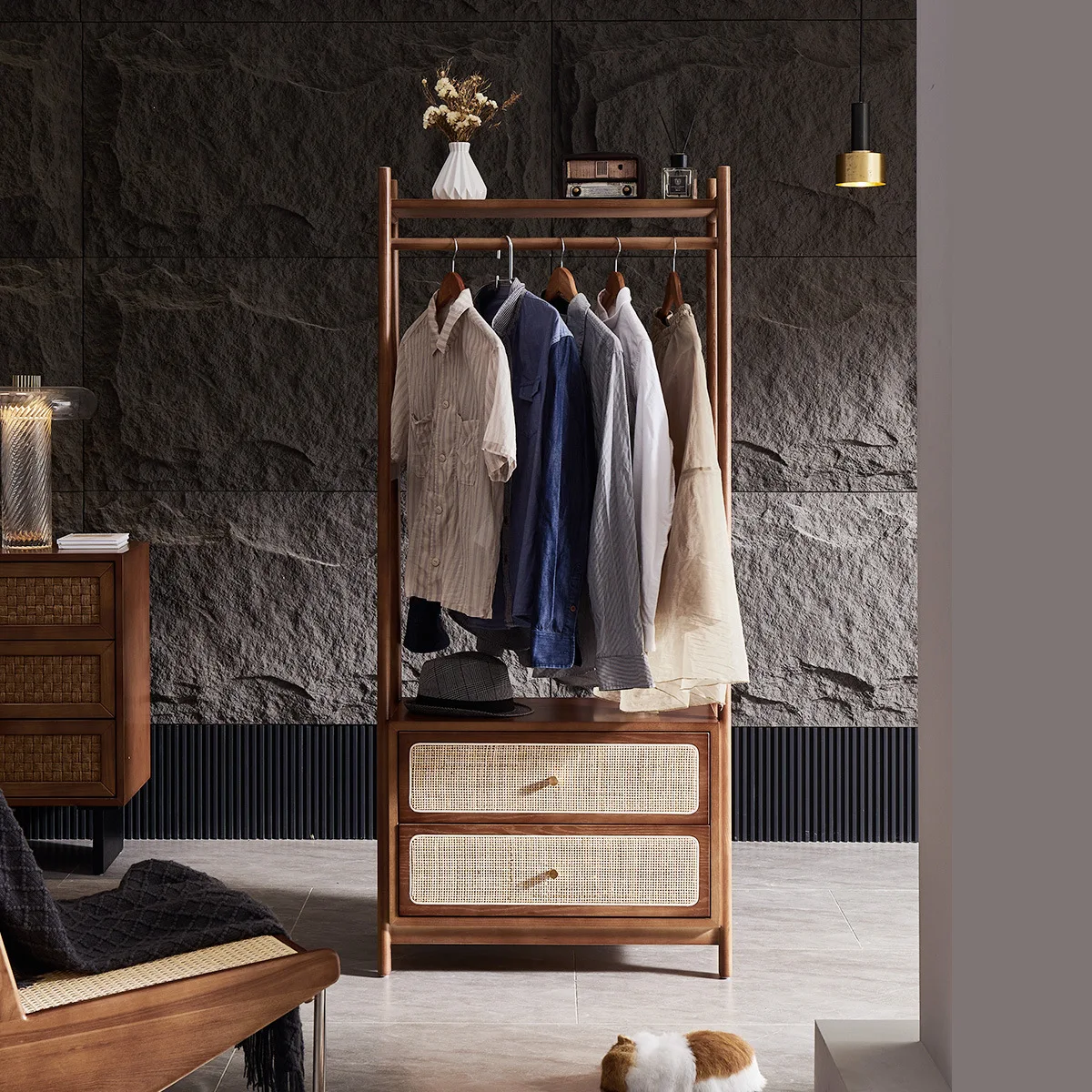 Wabi Sandy Wind Solid Wood Floor Hanger Nordic Simple Bedroom Multifunctional Storage Rattan Coat Rack