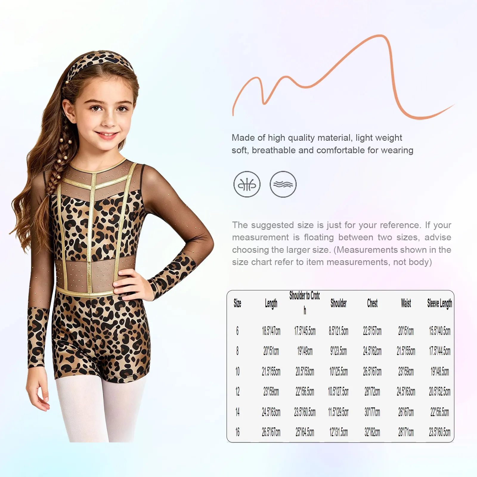 Kinder Mädchen Strass Leopardenmuster Jumpsuit für Ballett, Halloween Höhlenmenschen-Kostüm, Reißverschluss Metallic-Besatz Bodysuit – Detail 1