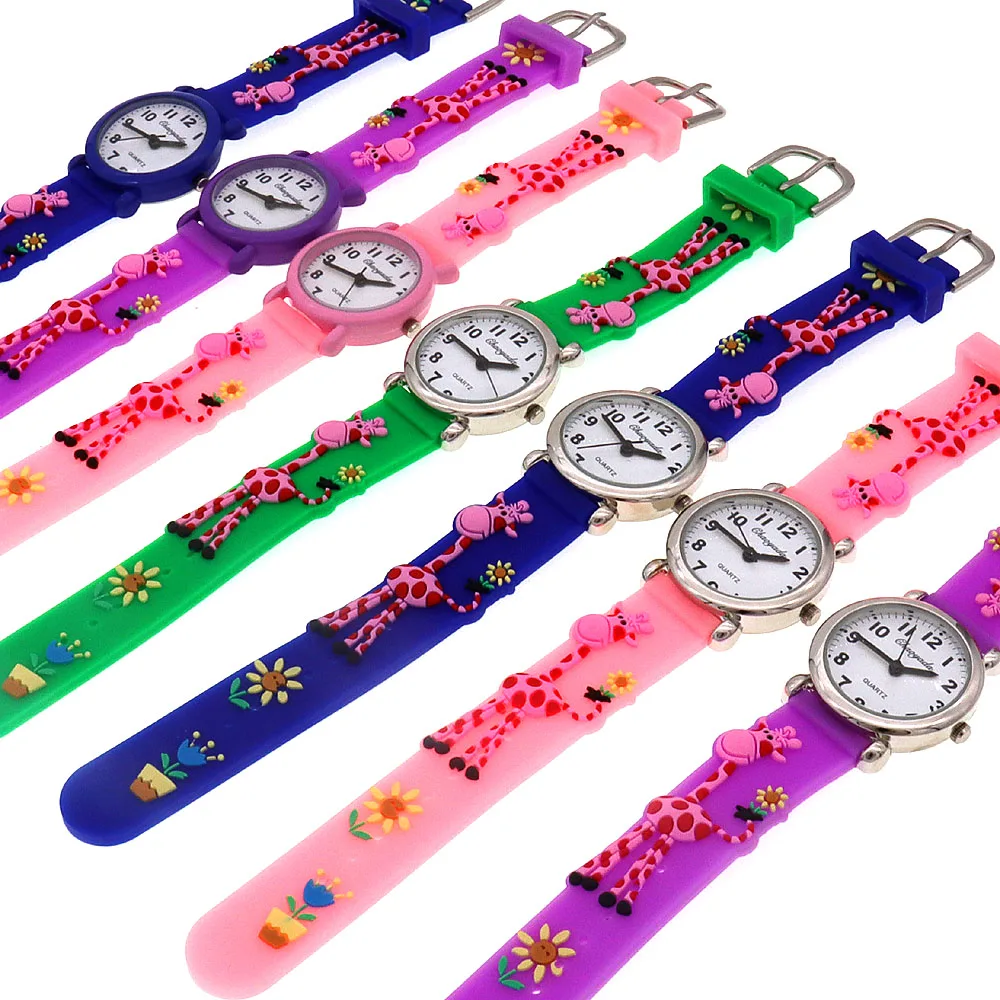 7pcs 28mm Kinder uhren Silikon armband Cartoon Kinder Armbanduhr Uhr Giraffe Armband bunte Mini-Uhrengehäuse