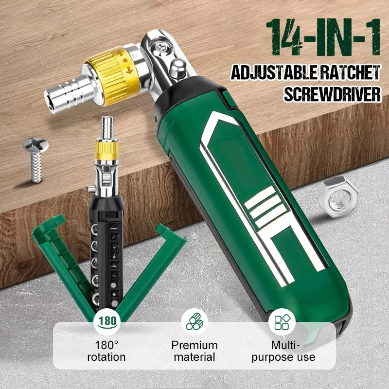 14 in 1 Ratchet Screwdriver Set with Magnetic Hex Bits Carbon Steel Material 20.5cm Length Rotating Head for Tight Areas