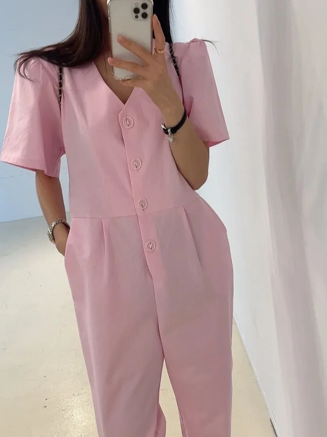 

Chic Cotton Linen Jumpsuit Women's Loose Waist Gathered Waist Straight Leg Casual Long Pants Half Button V Neck Bubble Sleeve