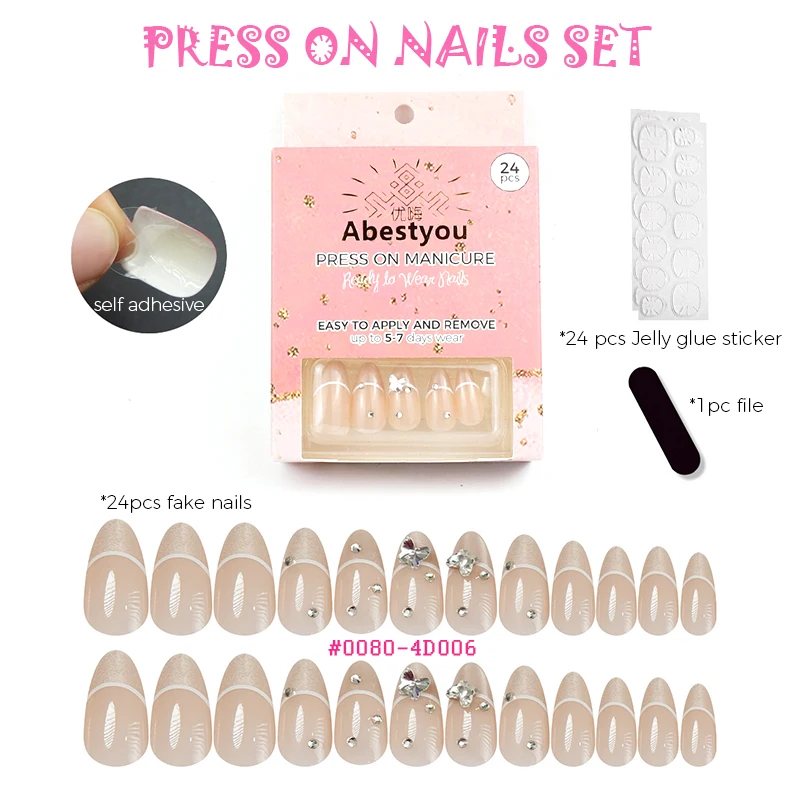 

24PCS High Quality Japanese-style Short Handmade Press-on Nails Set Manicure Accessories Gems Nail Tech Supplies Unas Postizas