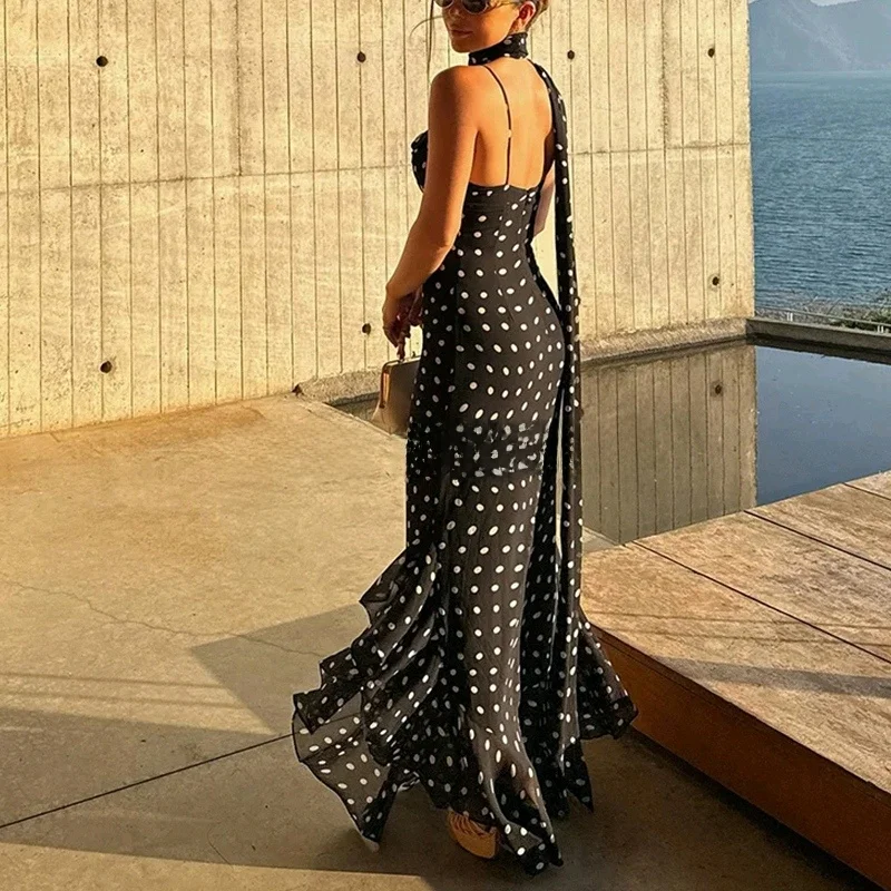 Estate nuova casual Sle donna Dr con sciarpa a pois vita alta abito lungo senza spalline balza orlo Ele Faion