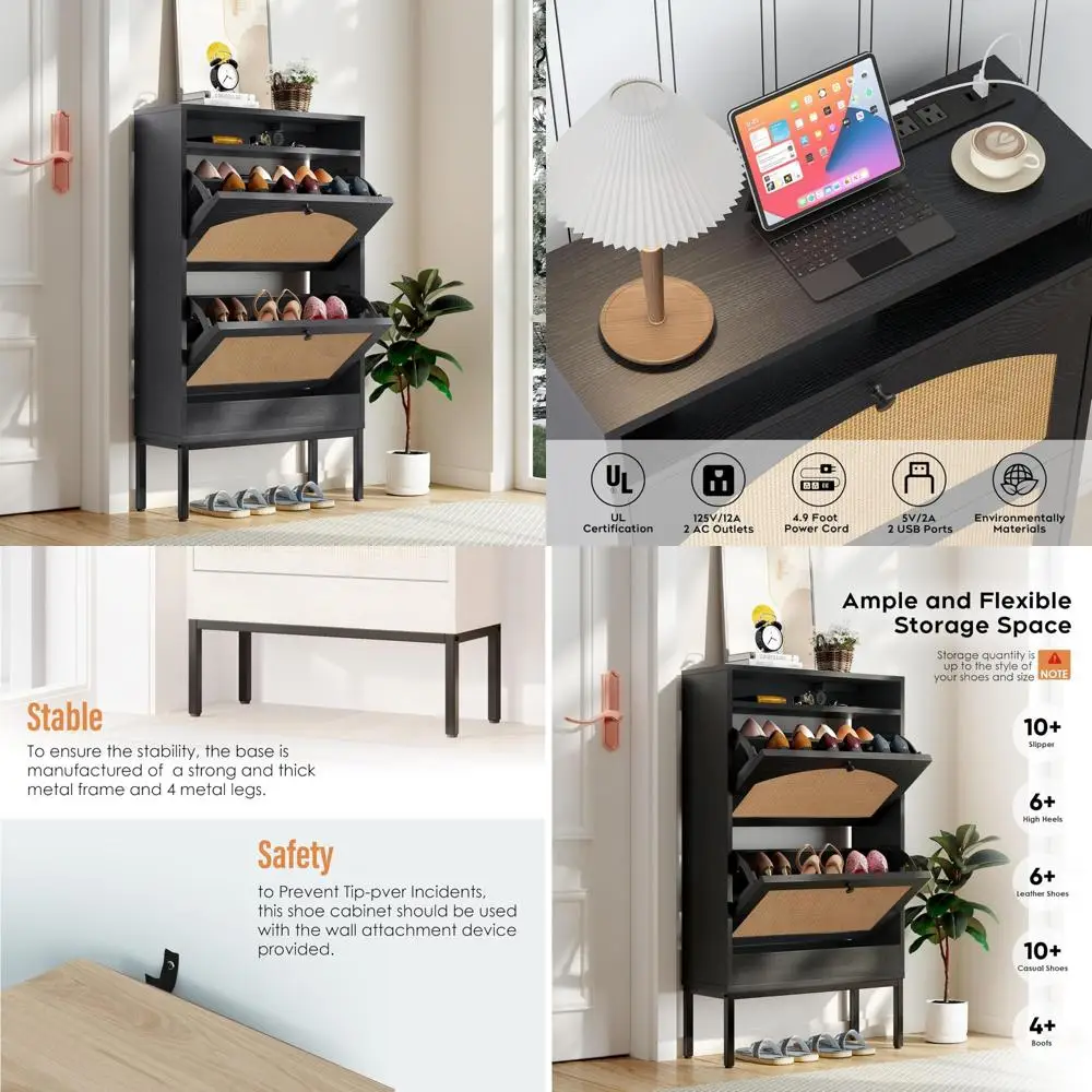 

Shoe Storage Cabinet with Flip Drawers, Slim Design for Entryway and Hallway, Shoe Rack with Charging Station