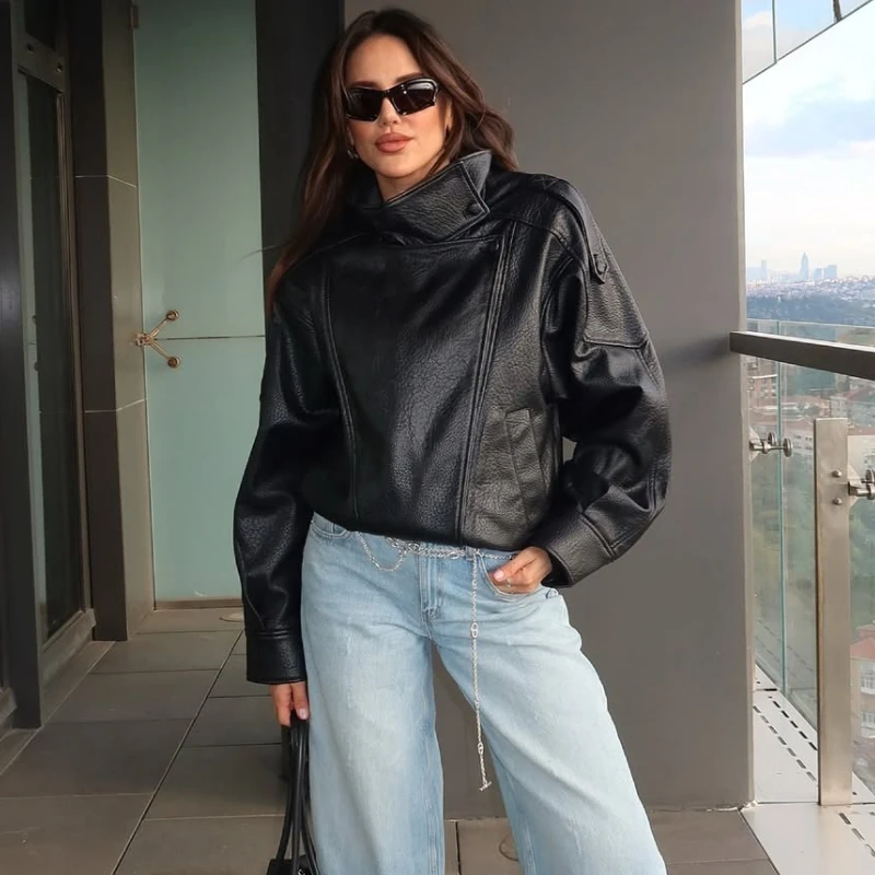 TARUXY mode litchi modèle veste en cuir femmes col montant boutons fermeture éclair poche épissage automne femme haute rue manteau