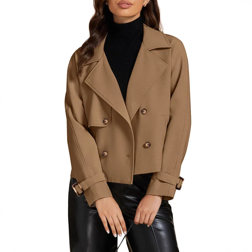 

Women's Short Trench Coat Autumn and Winter Long-sleeved Double-breasted Lapel Casual Jacket