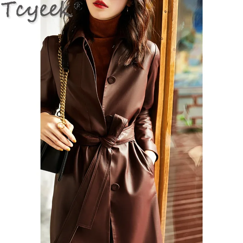 

Tcyeek Spring Sheepskin Coats Woman 2023 Mid-length Genuine Leather Jacket Womens Clothing Elegant Trench Coat Chaqueta Mujer LM