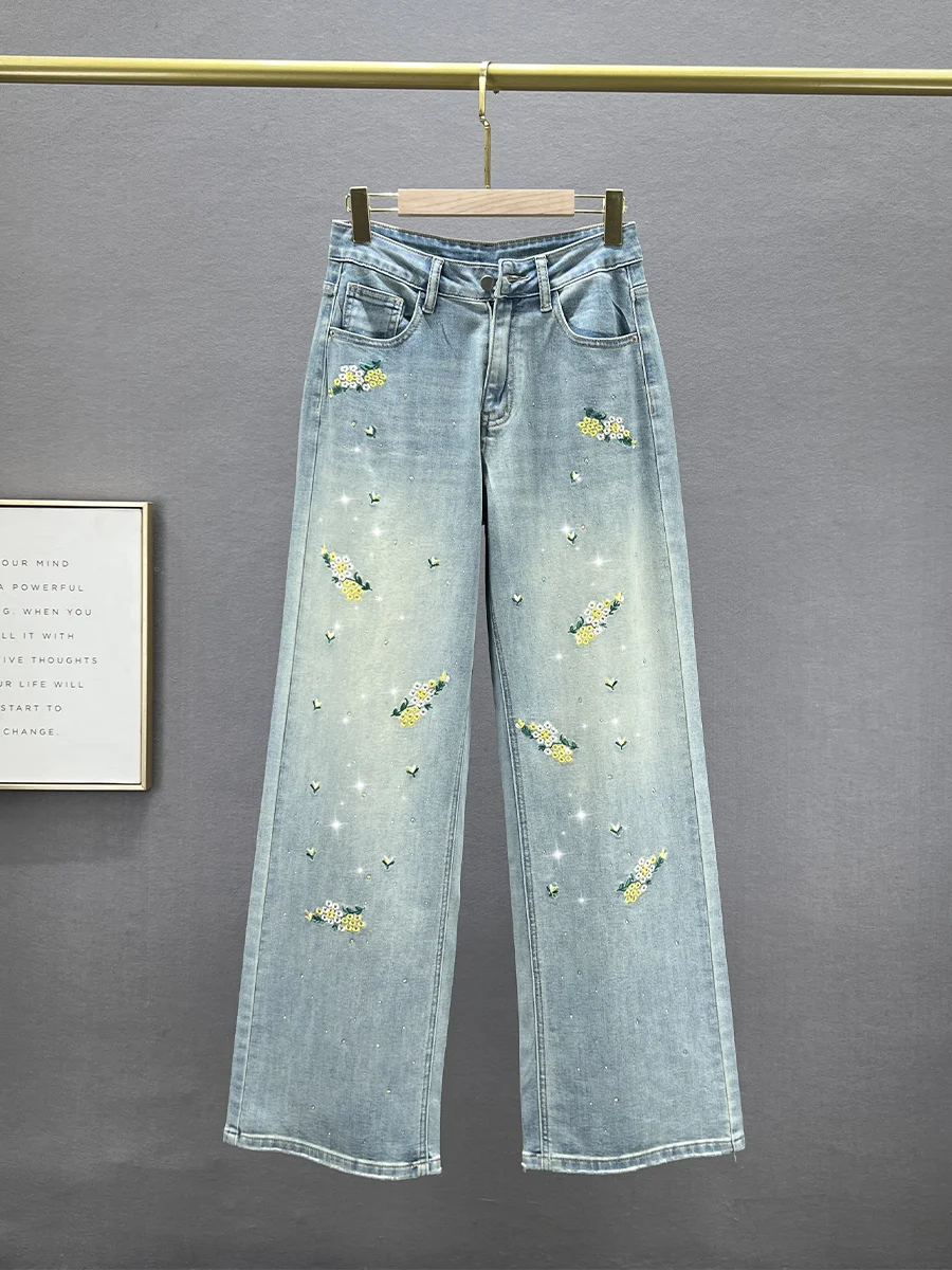 

Women's High Waist Wide Leg Jeans Embroidered Diamond Decorated Slimming Spring 2024 New Style Vintage Blue Denim Pants