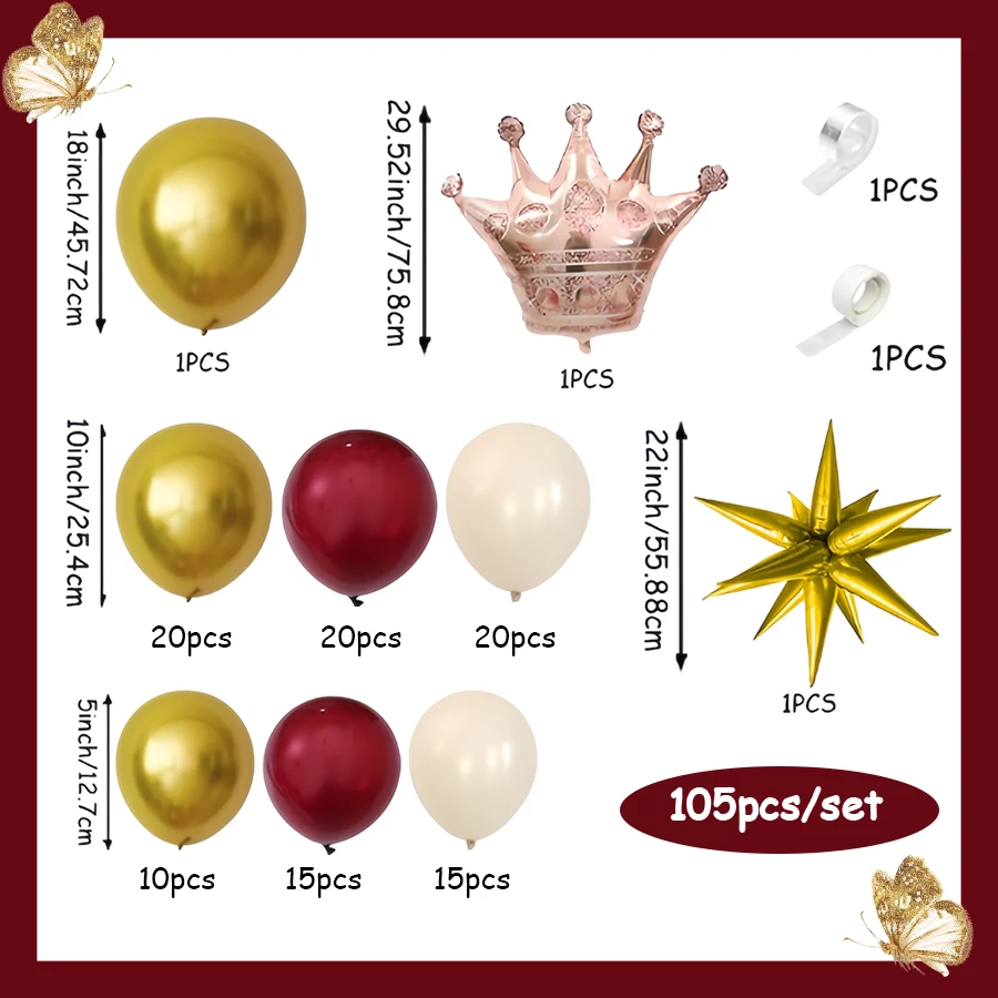 105pcs Burgundy Wedding Themed Balloon Arch Kit, White Burgundy and Gold Balloons with Crown Foil Balloons, Suitable for Wedding - view 2