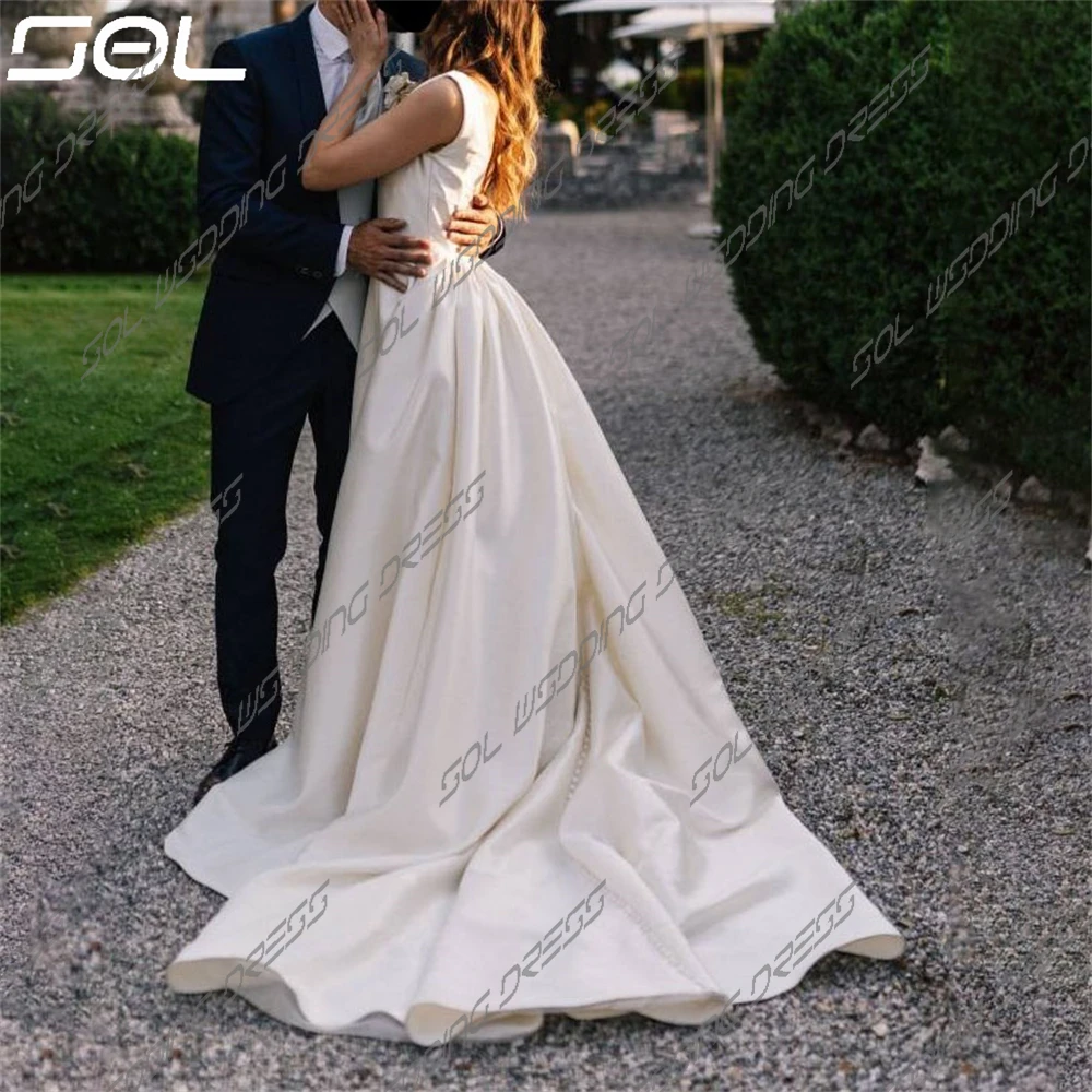 Sol einfache tiefe V-Ausschnitt Spaghetti träger Satin Brautkleid sexy rücken freie A-Linie Boho Ballkleider Sweep Zug Vestido de Novia