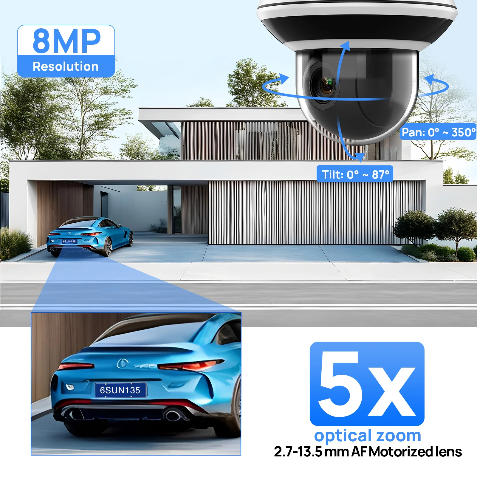 2.7mm-13.5mm 4K 8MP 5X ZOOM IR PTZ Camera Smart Human and Vehicle Detection Alarm two-way audio IK10 IP67 Hikvision Compatible