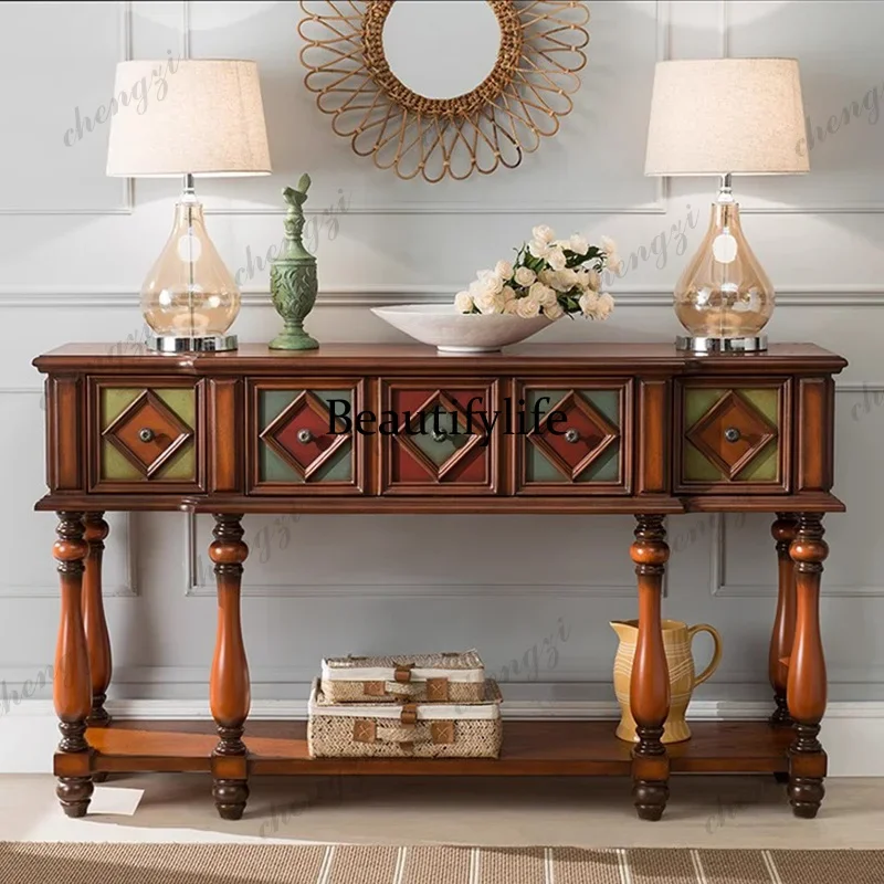 C178 European-style American-style rural solid wood retro old three-bucket entrance cabinet, counter storage storage cabinet