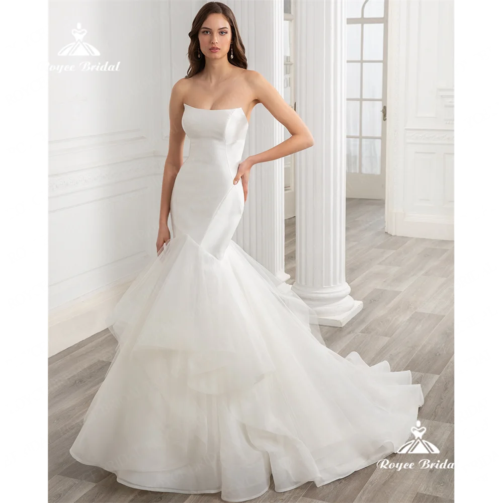 Roycebridal-Robe de Mariée Sirène Sans Bretelles en Satin, Tenue de Mariage Blanche, Dos aux, avec Traîne Courte, 2025