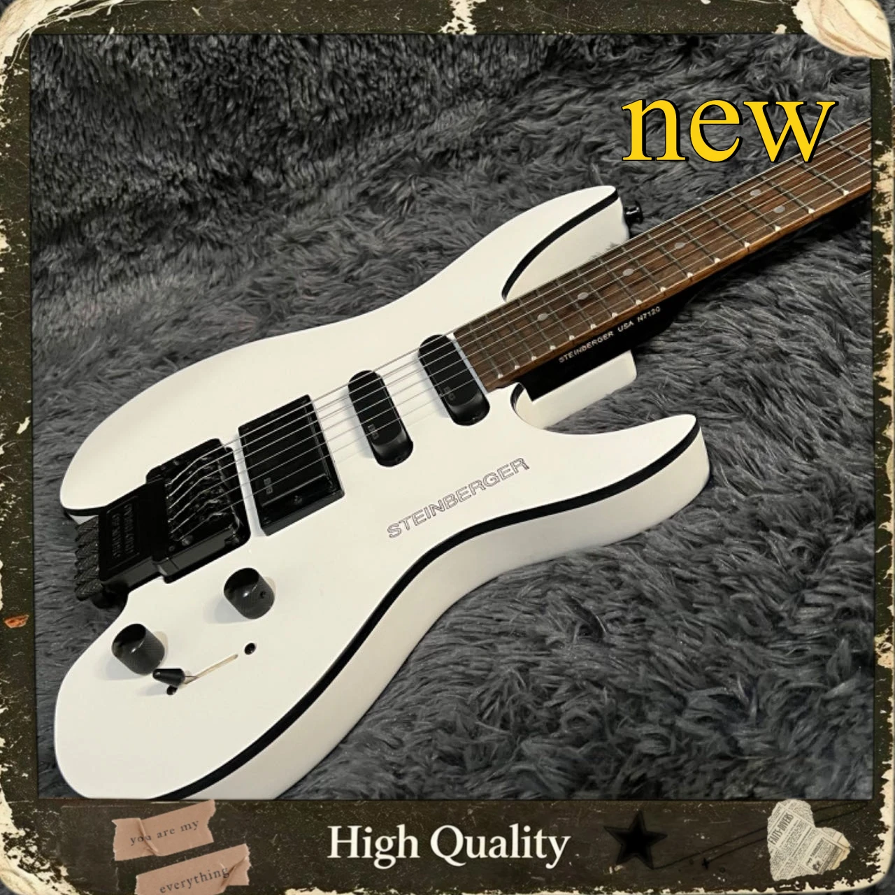 White Headless Electric Guitar Black Binding Mixed Pickups Double Tremolo Rosewood Fingerboard Heavy Metal Shred Stage Guitar
