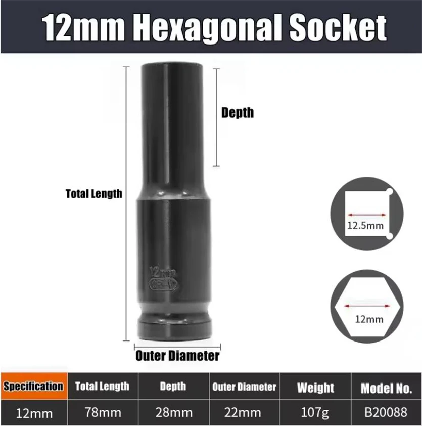 1/2 "Drive Diepe Impact Socket Drive Metrische Moersleuteldop Diepe Impact Socket Pneumatische Moersleutel Hoofd Band Removal Tools