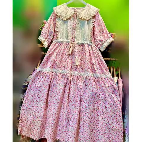 Cotton Lace Patchwork Victorian Rococo Sweet Midi Dress for Women Vintage Retro Chic Summer Lolita Mori Girl Evening Long Dress