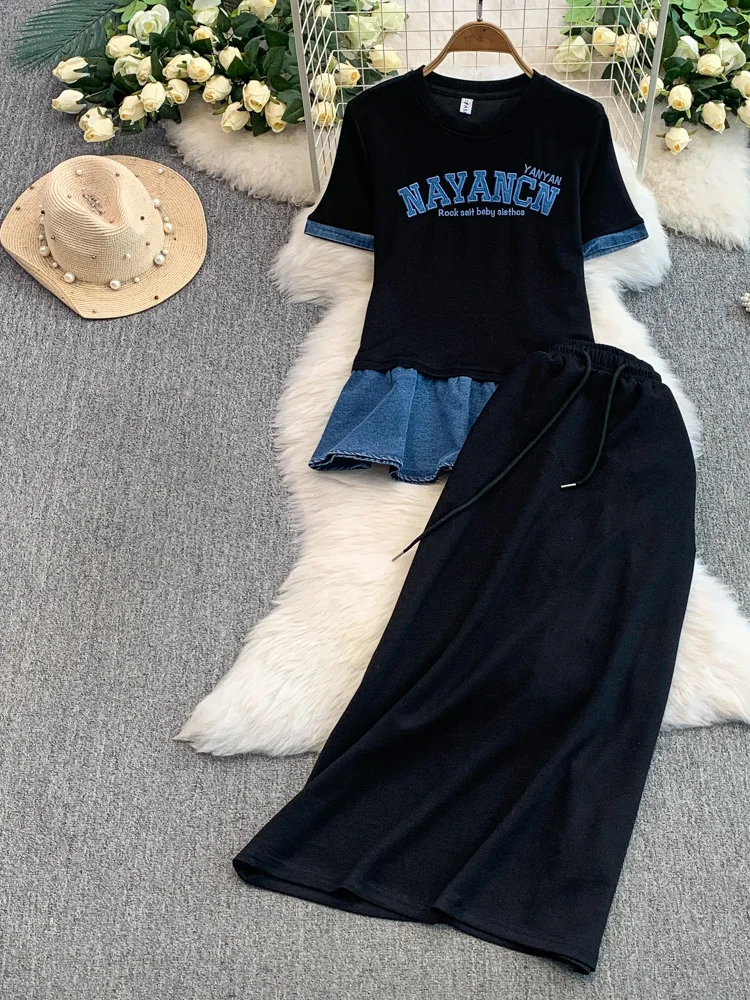 

2025 New Design Denim Patchwork Slimming Skirt T-irt High Waist Knitted Skirt Two-Piece Set Women's Faion Ensemble