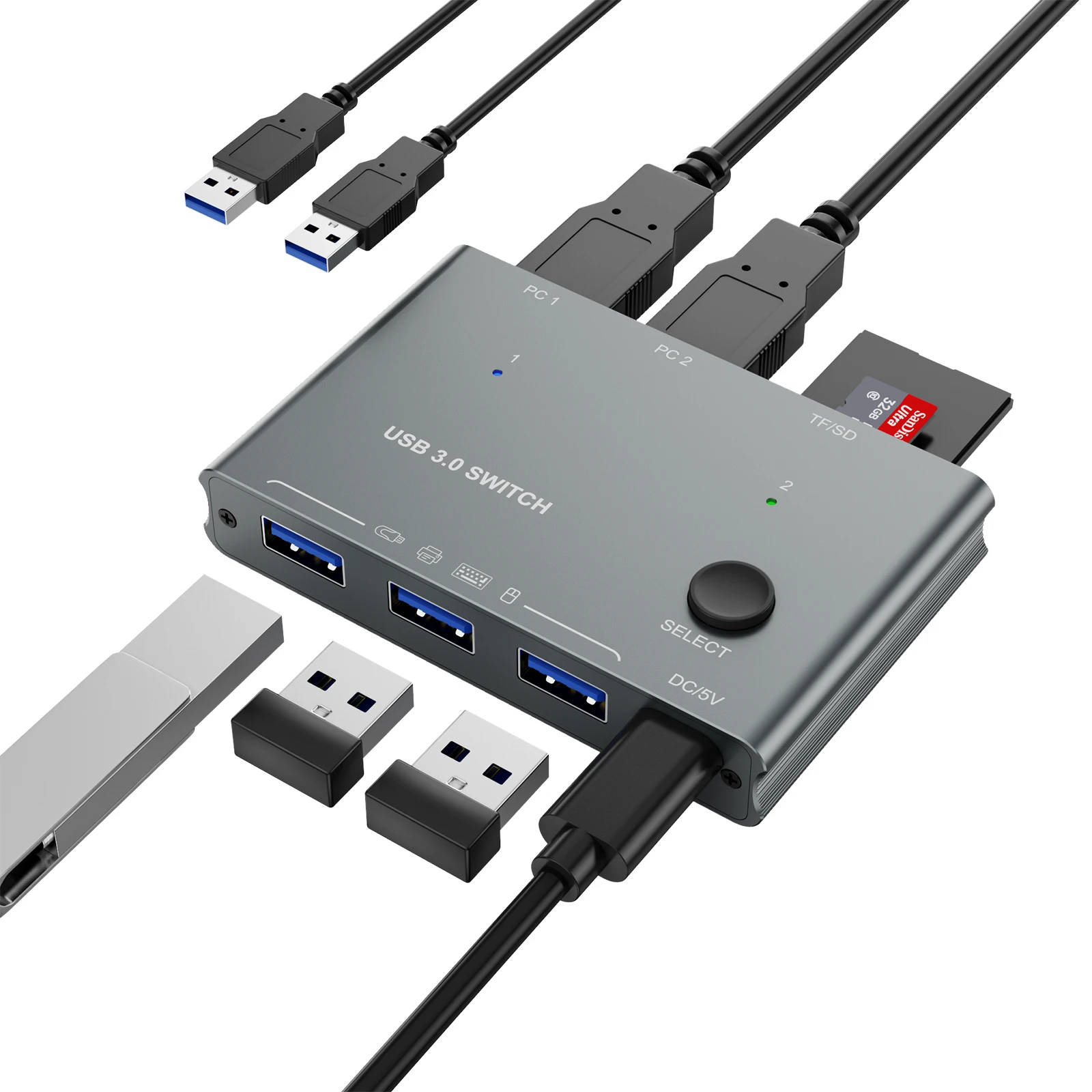 USB 3.0 Switch Selector 2 Computers Sharing 3 USB Port and TF/SD Port For Mouse Keyboard Printer Not Support Hotkey Switching