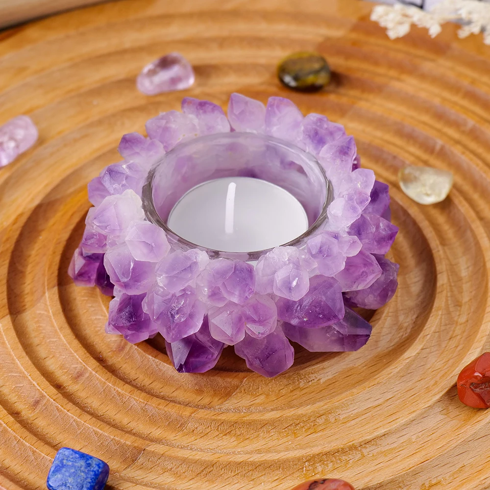 1PC Natural Quartz Raw Stone Amethyst Tooth Flower Cluster Crystal Candlestick Healing Gemstone Quartz Crystal Candle Holder