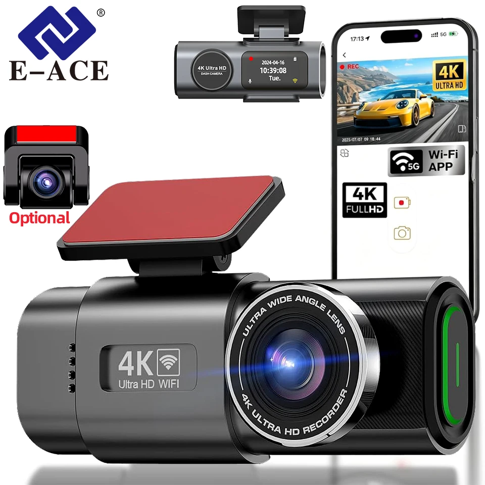 E-ACE 4K Dash Cam Dual Band 5GHz & 2.4GHz WiFi with App, Front 4K Optional 1080P Rear Night Vision 24H Parking Mode Loop Record
