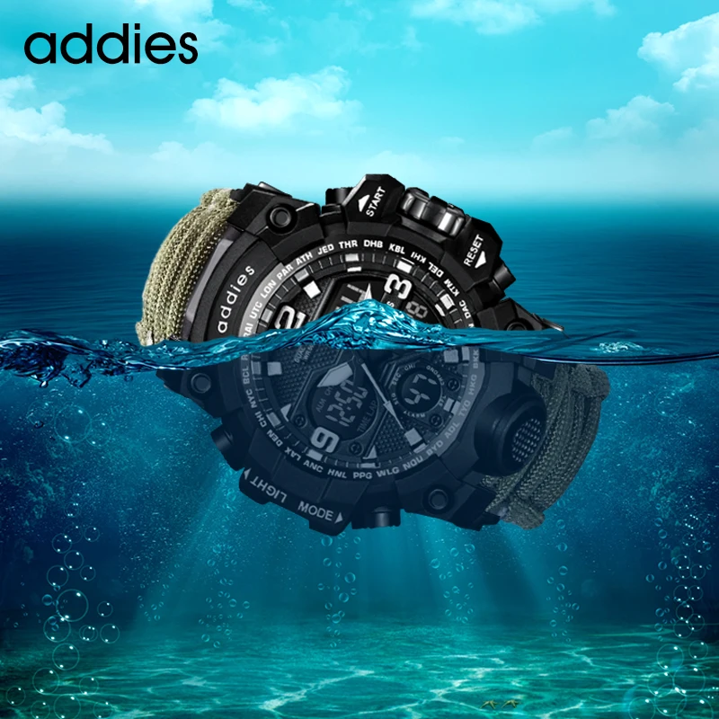 ADDIES Men Watch Outdoor Sports LED Digital Quartz Wristwatch Waterproof Compass Whistles Military Dual-Display Electronic Watch