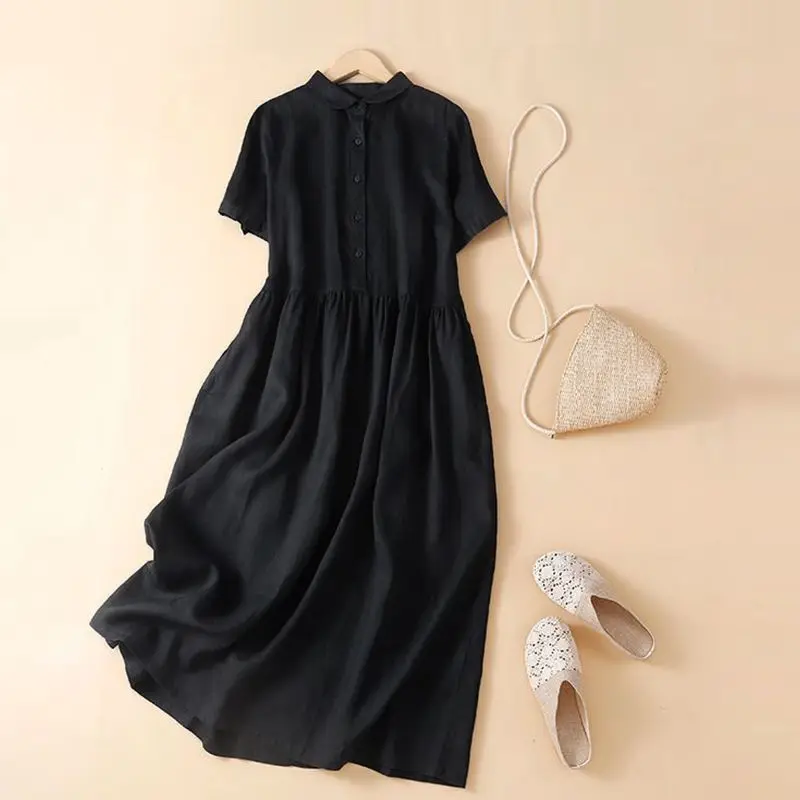Loose Fit Cotton Linen Shirt Dress Women's Summer Casual Style Short Sleeve Gathered Waist Vintage New 2026