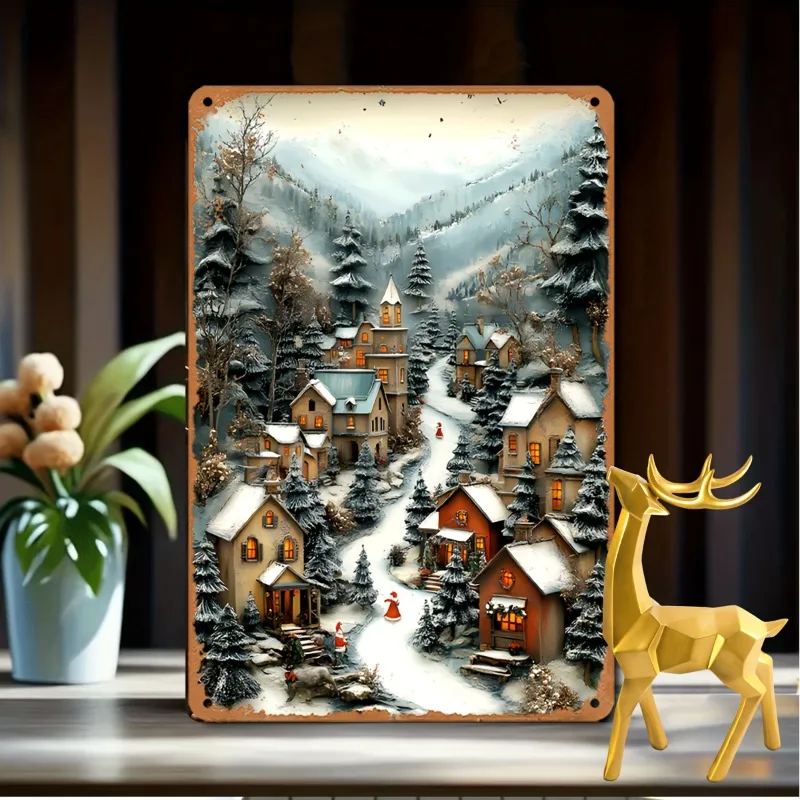 

Rustic Christmas Village Metal Sign,Vintage Aluminum Wall Art for Home & Garden Decor, Perfect for Holiday Parties, Farmhouses