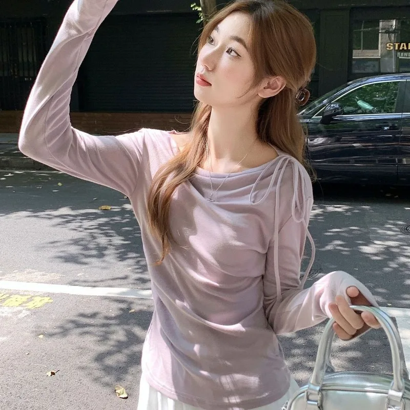 Women Korean Off Shoulder Drawstring Ruched Long Sleeve Top Soft Cotton Elegant Date Blouse S-XXL