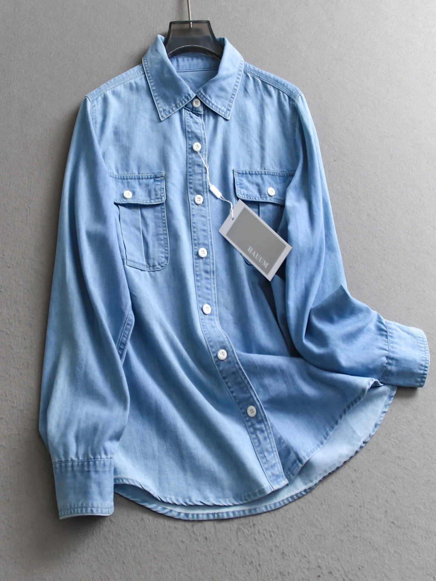 

Casual Long Sleeve Women's Denim Shirt Pure Color Symmetrical Pocket Turn-down Collar Single Button Autumn New Style Versatile