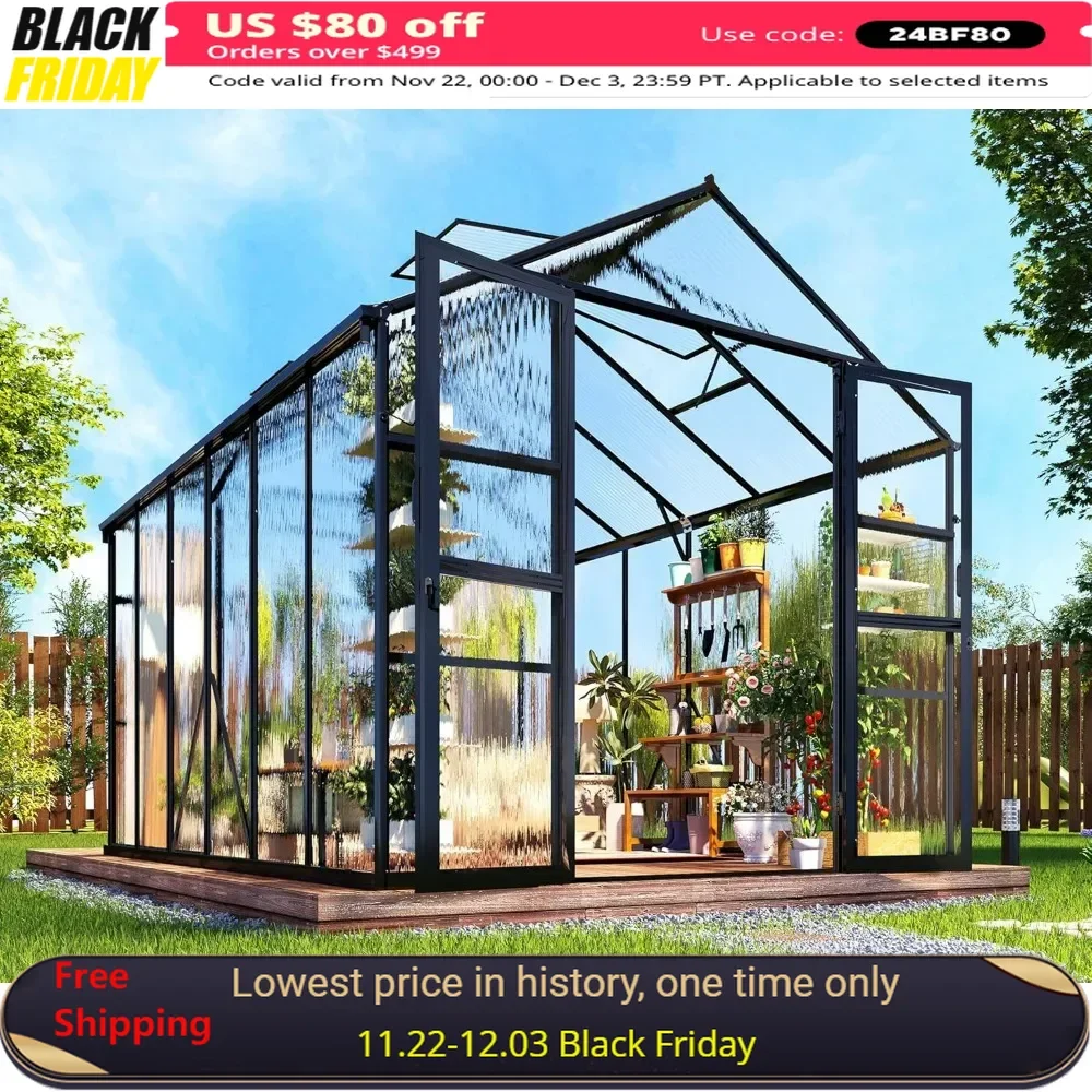 8x12x7.5 FT Greenhouse with Quick-Connect Fittings, 2 Swing Doors, Outdoor Walk-in Aluminum Polycarbonate Greenhouse