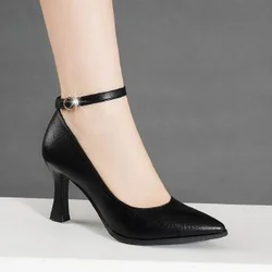 2022 Summer New Fashion Pointed Toe Shallow Mouth Women's Shoes Thick Heel with A Word Buckle Black Simple Work Shoes