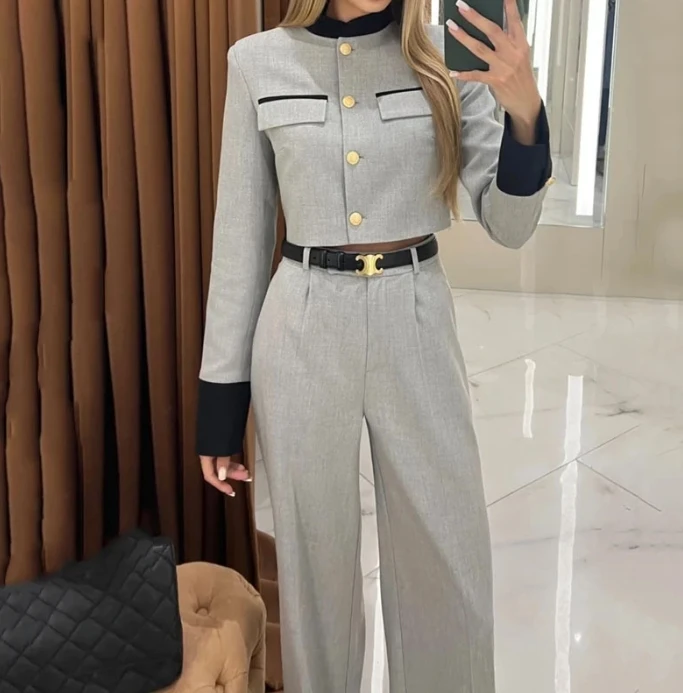 Women\'s Urban Style Two-Piece Contrasting Small Fragrant Style Wide Leg Pants Set 2024 Spring Elegant Style Long Slept Pants Set