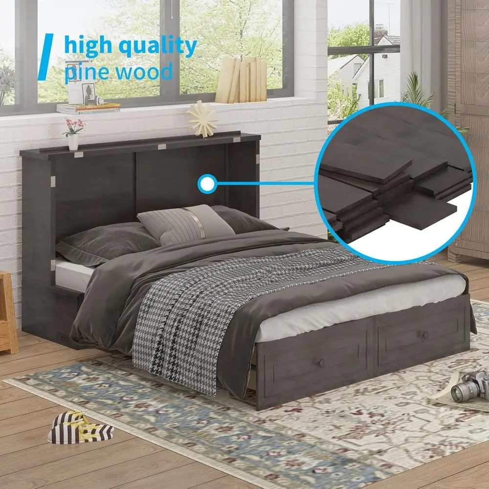 Murphy Cabinet Bed Queen Size k Grey | with Tri-olding Mattr, 2 Storage Ders & USB Charging Station, Wooden Wall Chest Bed - view 5